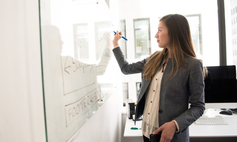 woman wearing gray blazer writing on dry erase board