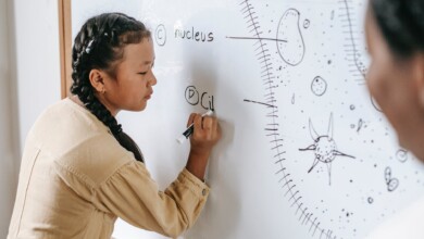 asian teen girl writing on whiteboard in classroom