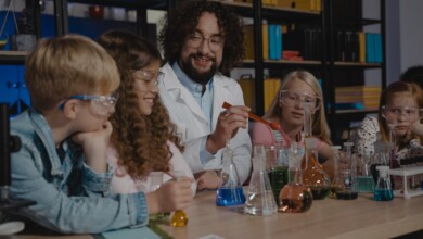 colored liquids on beakers and flasks