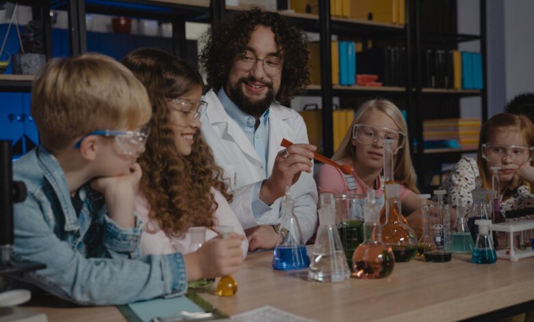 colored liquids on beakers and flasks