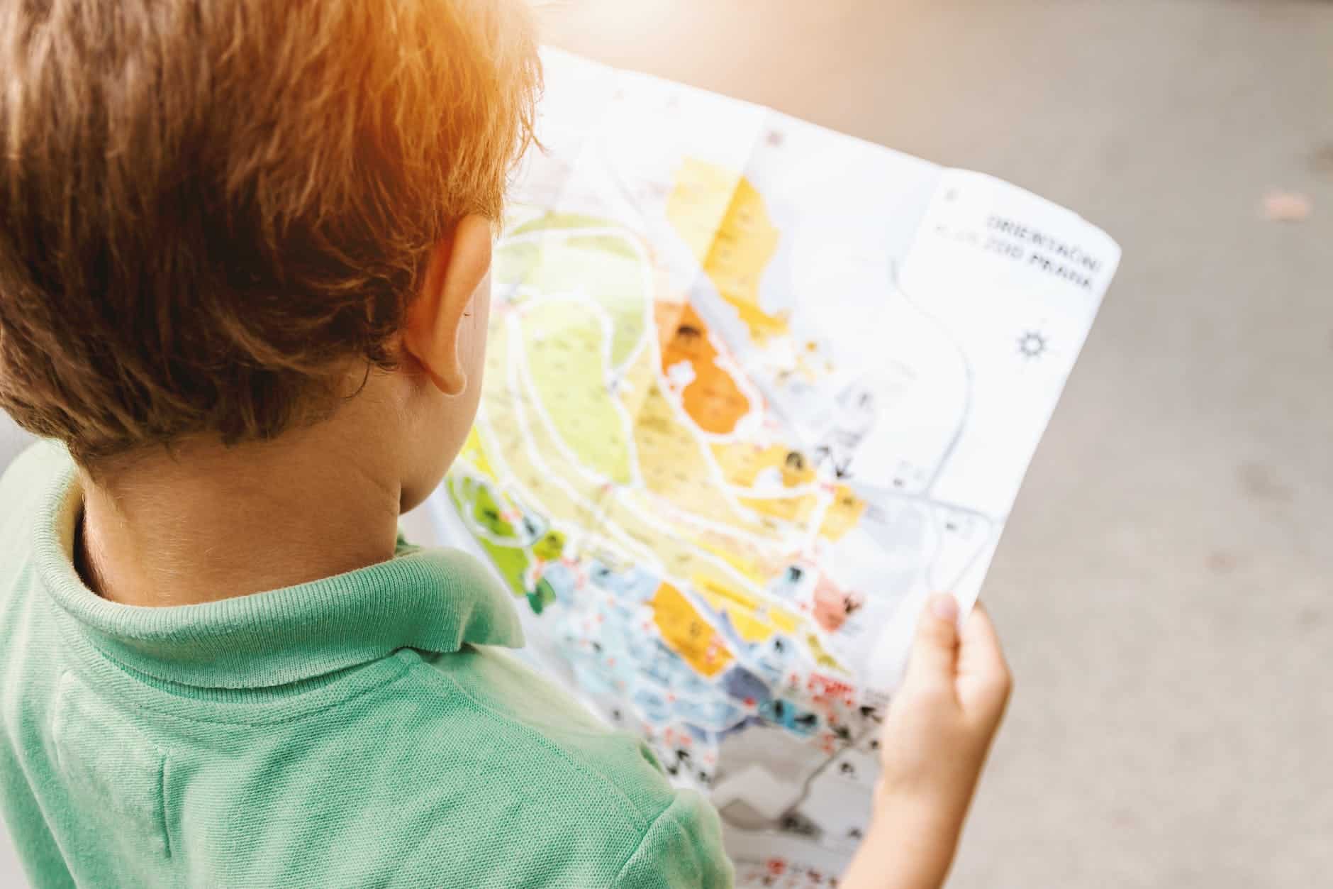 boy holding map on road