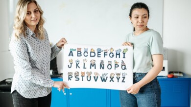 teachers holding an alphabet posters
