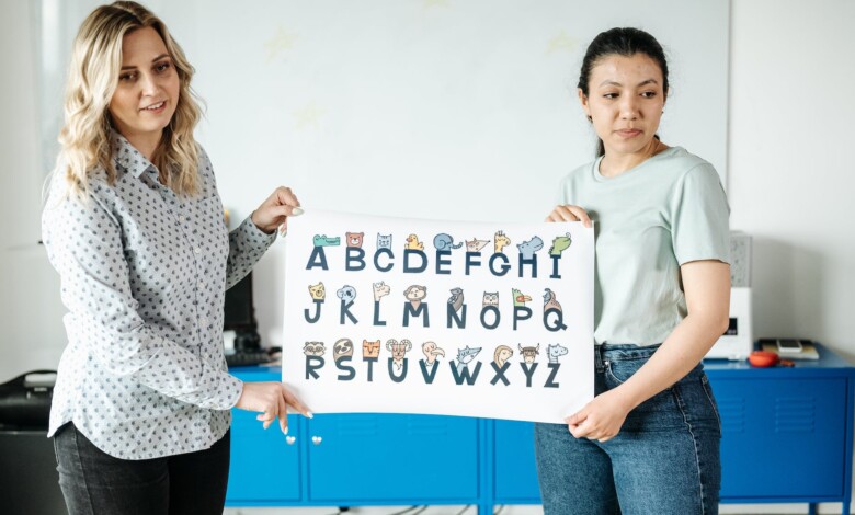 teachers holding an alphabet posters