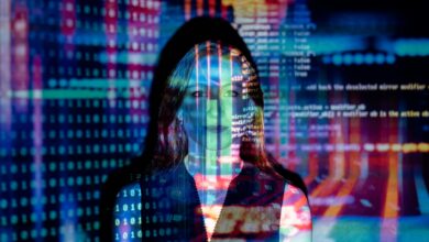code projected over woman