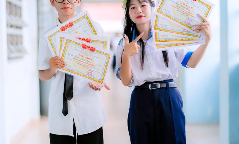 students celebrating achievements in school hallway