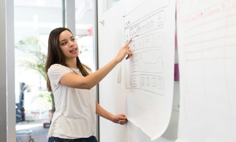photo of woman pointing on white paper