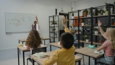 students with their hands raised
