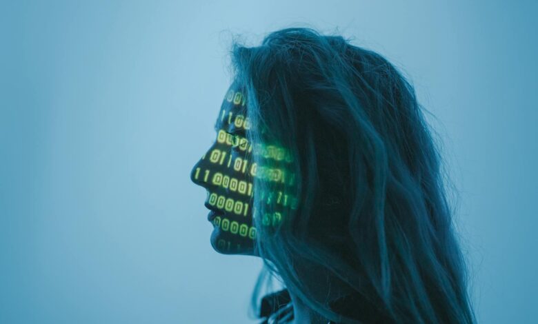 a woman with number code on her face while looking afar