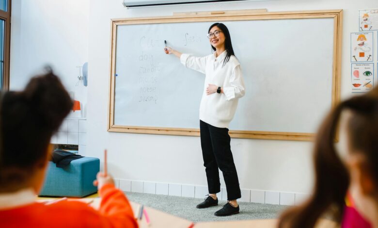 a woman teaching in front of the class