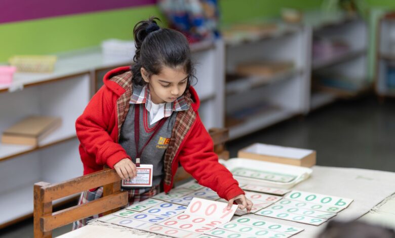 young child engaged in educational activity at school