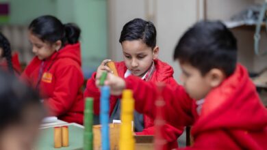 children engaged in montessori learning activities
