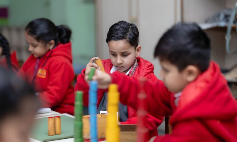 children engaged in montessori learning activities