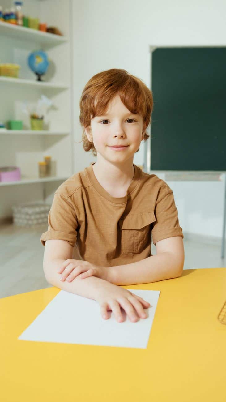 cute boy in brown shirt sitting by the yellow table