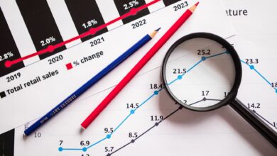 colored pencils and a magnifying glass over documents with graphs